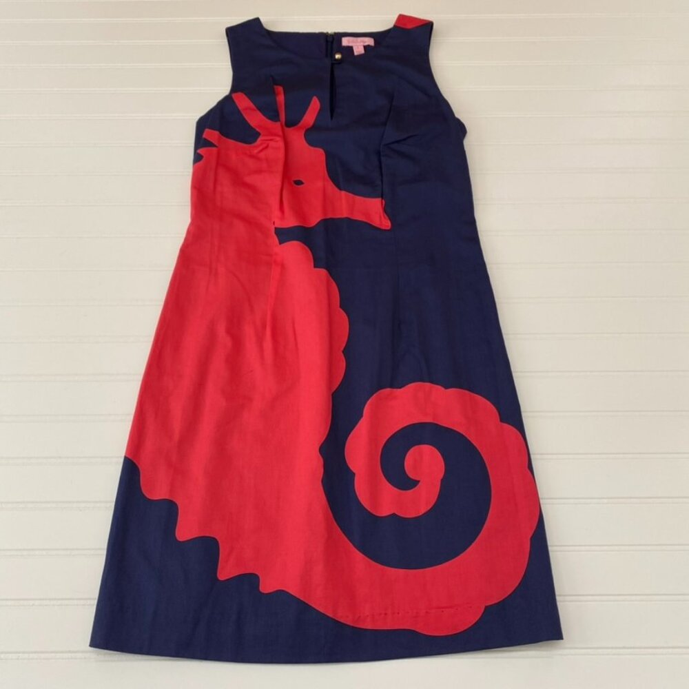 Lilly Pulitzer Navy Blue Midi Dress w/ Pink Seahorse Womens 4 - Picture 1 of 6